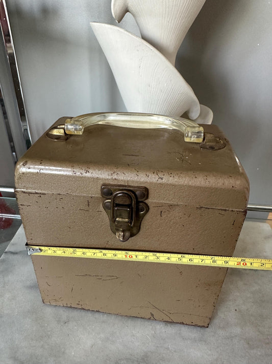 Vintage Gold Toned Metal 45 RPM Records Carrier Box with (55) 45 Records | Johnny Cash, Commodores, Carpenters, Jimmy Buffet and More