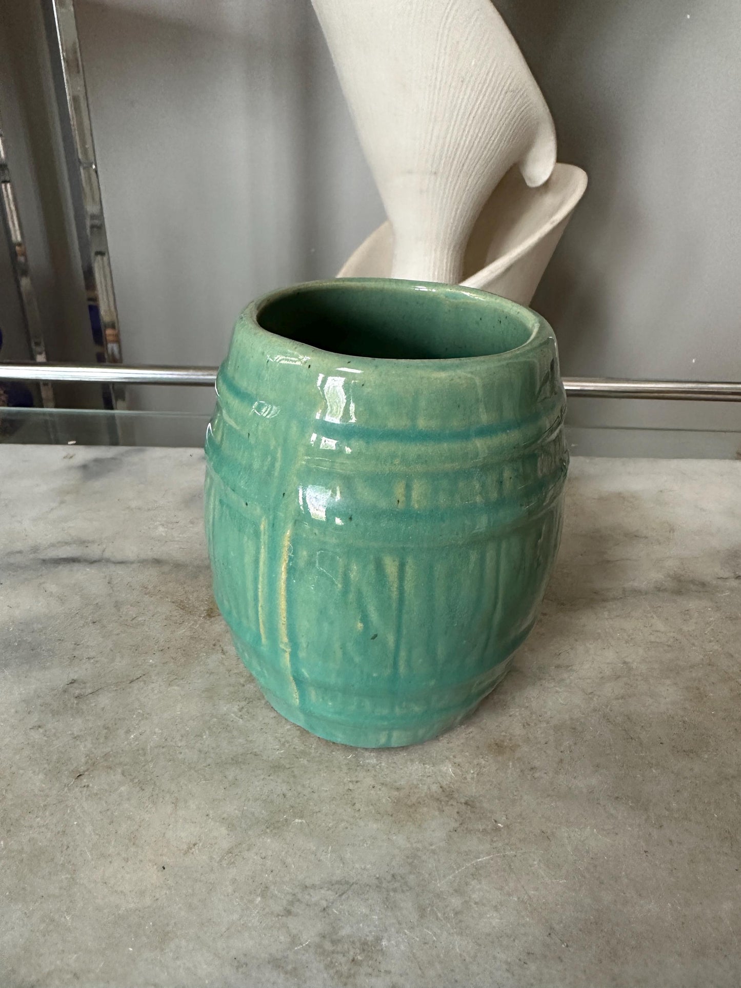McCoy Pottery Barrel Coffee Mug Green Glaze Marked with a 4 in shield on bottom