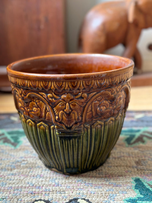 Brush McCoy Blended Majolica 1927 Art Pottery Large Early Brush McCoy 8”  Satyr Gargoyle Face Jardiniere c. 1927