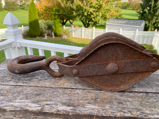 Primitive Industrial Hand Forged and Cast Iron Rusty Double Pulley Rustic Decor Farm Tool With Hook