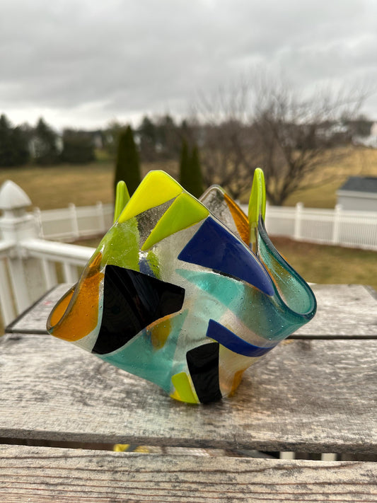 Fused Glass Art - beautiful fused glass abstract handkerchief style bowl fused glass