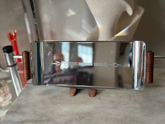 Chrome Oblong Serving Tray with Wooden Handles/MCM Appetizer Tray, Mid Century Modern Etched Tidbot Tray, Chrom MCM Tray w Wooden Handles