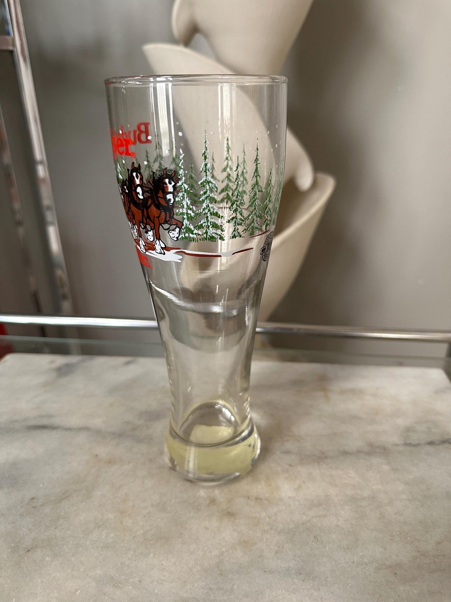 Budweiser Pilsner Fluted Beer Glass Clydesdale Horse Wagon Vintage 1989 - 20 Oz