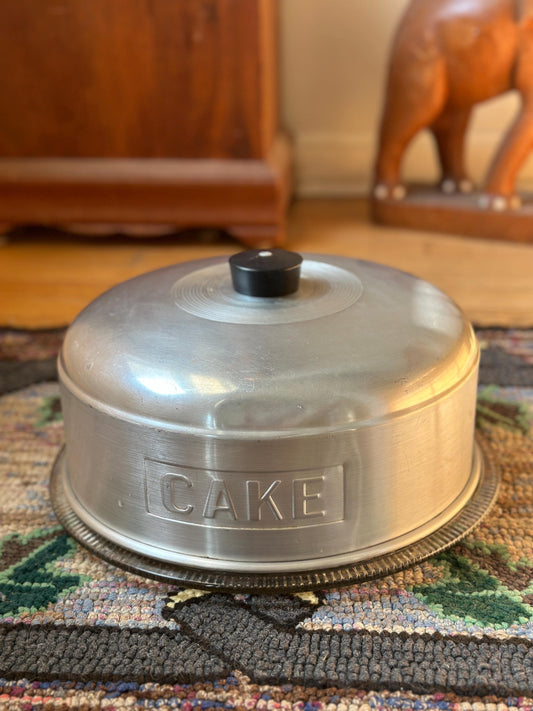 1950s Vintage Cake Saver with Glass Cake Plate | Retro Aluminum Cake Keeper | Mid-Century Kitchenware