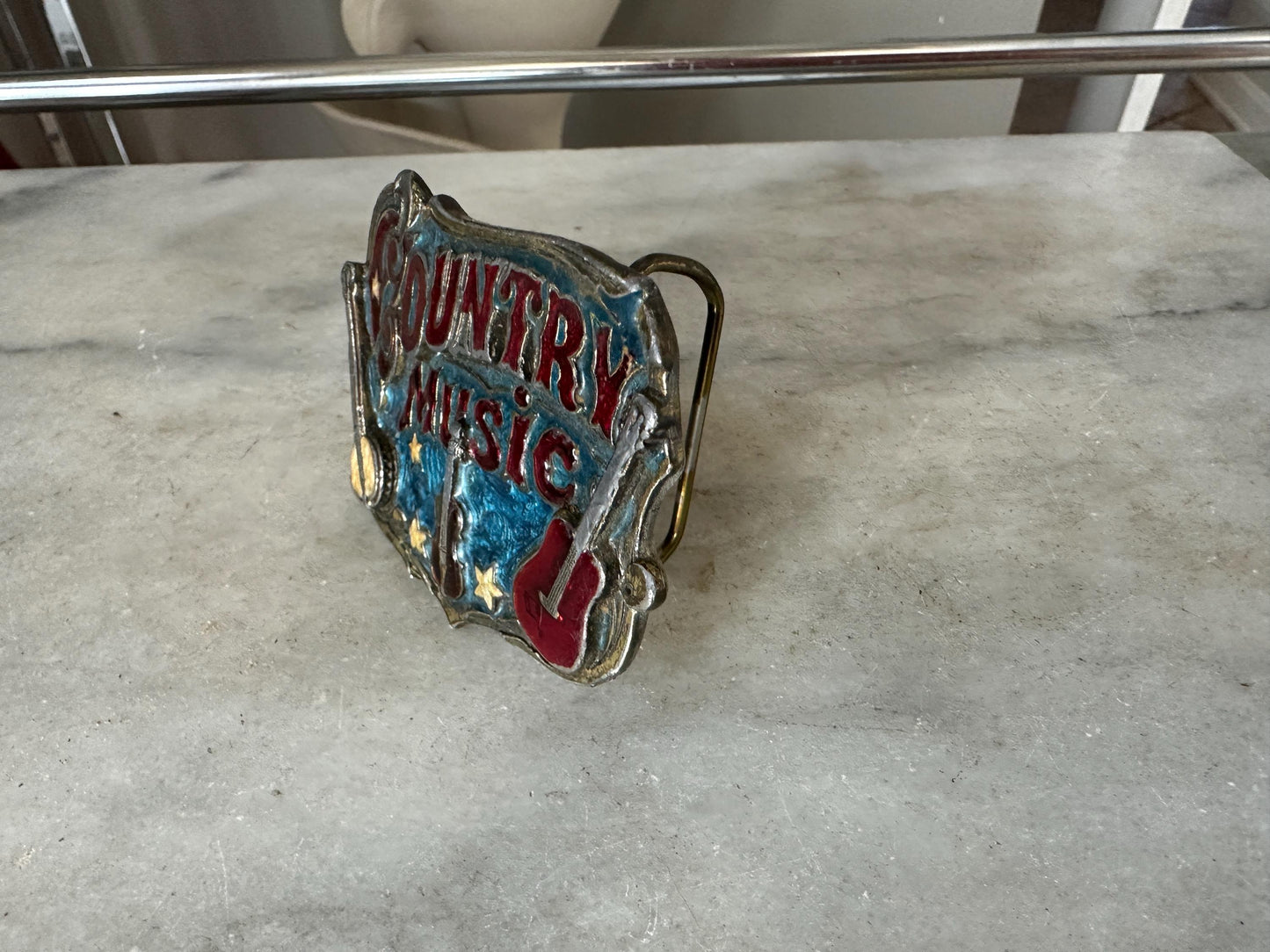 1982 Enameled Country Music Buckle  ~  Serial Number H919  ~  The Great American Buckle Co U.S.A.  Copyright 1982  Made in the U.S.A.