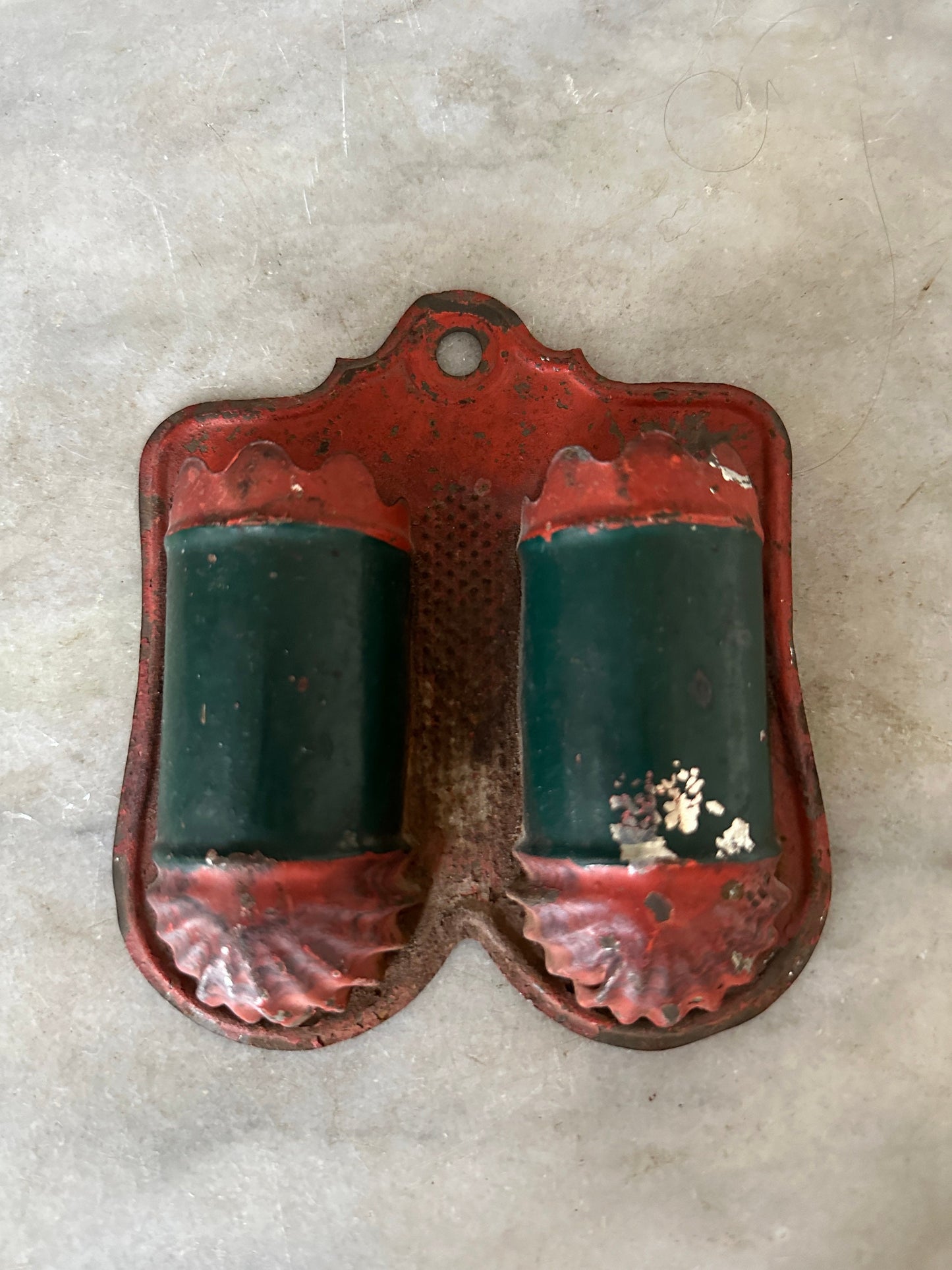Antique Wall Match Holder. Wall Mounted Container From Kitchen Decor  Red and Green Painted Tin Match Holder.