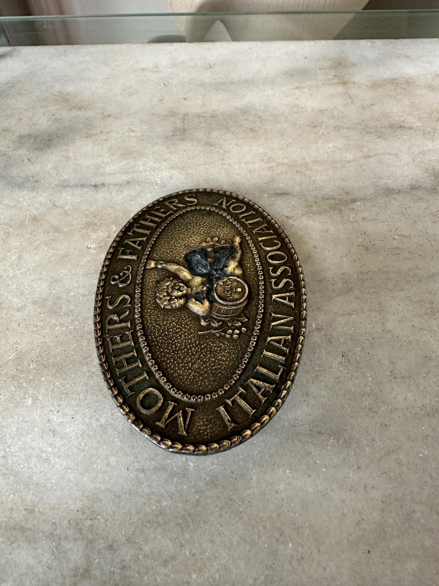 1970s Mothers And Fathers Italian Association Sicily vintage belt buckle, Mafia Italian Association Sicily Sicilian Italy Pride Vintage