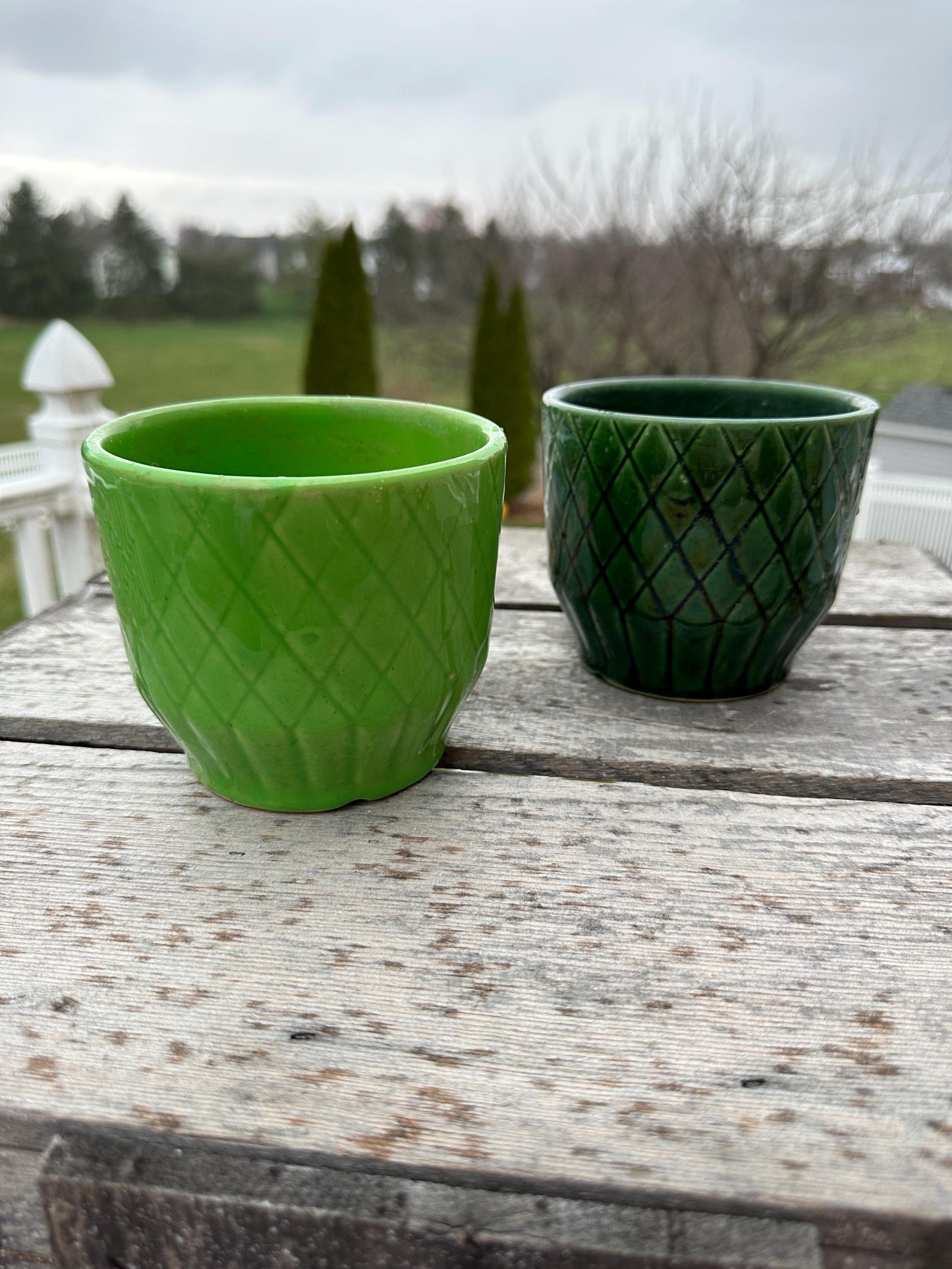 Set of Two Shawnee Pottery USA Planters | Two Shades of Green | Diamknd Pattetn | USA Pottery