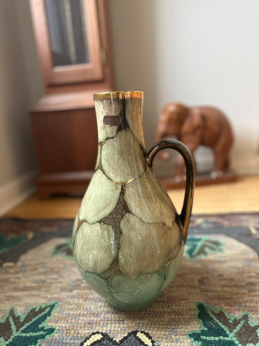 West German Carstens Tonnieshof tall handled vase, glossy green, brown and gold | Mid Century Modern Carstens Pitcher Vase