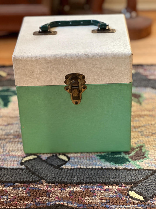 Vintage Green Two Toned Cardboard 45 RPM Records Carrier Box with Eight (80) 45 Records | Fats Domino, Bee Gees, Beach Boys, Jan and Dean