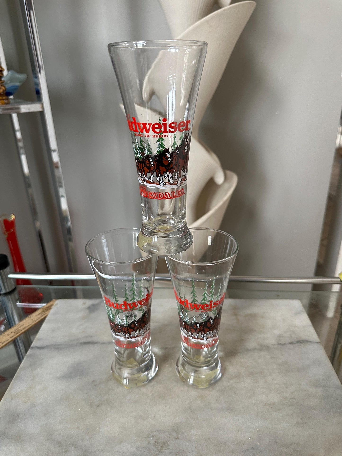 Budweiser Clydesdale Pilsner Beer Glass Set of 3 Clear Christmas 1989 Horses 7"