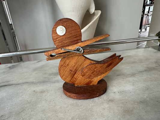 Quirky Handcrafted Wood Duck Figural Clothespin Bill / Recipe / Note Decorative Holder