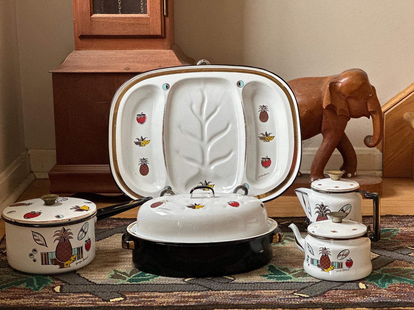 Mid-Century Modern George Briard Cookware 5 Piece Set | Ambrosia Pattwrn | Roaster | Saucepan | Coffee Pot | Teapot | MCM Kitchen
