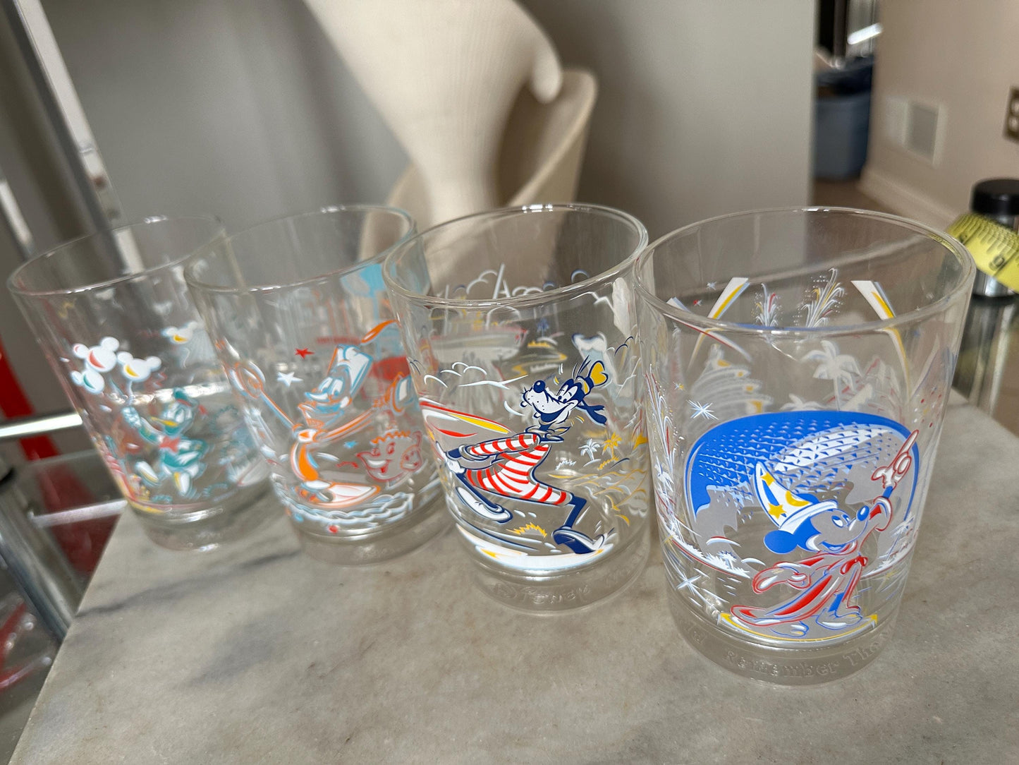 Walt Disney World Remember The Magic 25th Anniversary Glasses | Set of 4 | Mickey Mouse, Donald Duck, Goffy, Lumiere