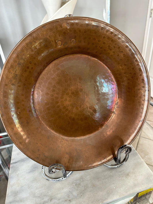 Large hand-hammered vintage Arts and Crafts copper plate tray or charger w Ring for Hanging,  the early 20th century