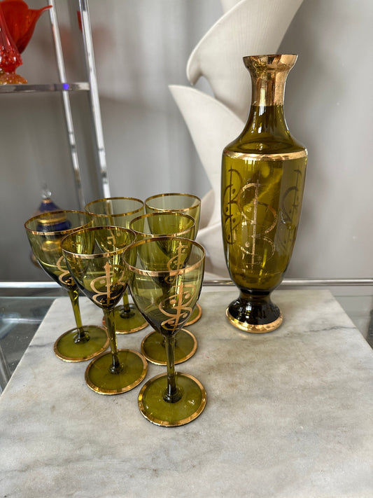 Gilt Amber Glass Vintage Decanter and Glasses Set - Set of 6 - MCM Ambet Gladd Decanter Set