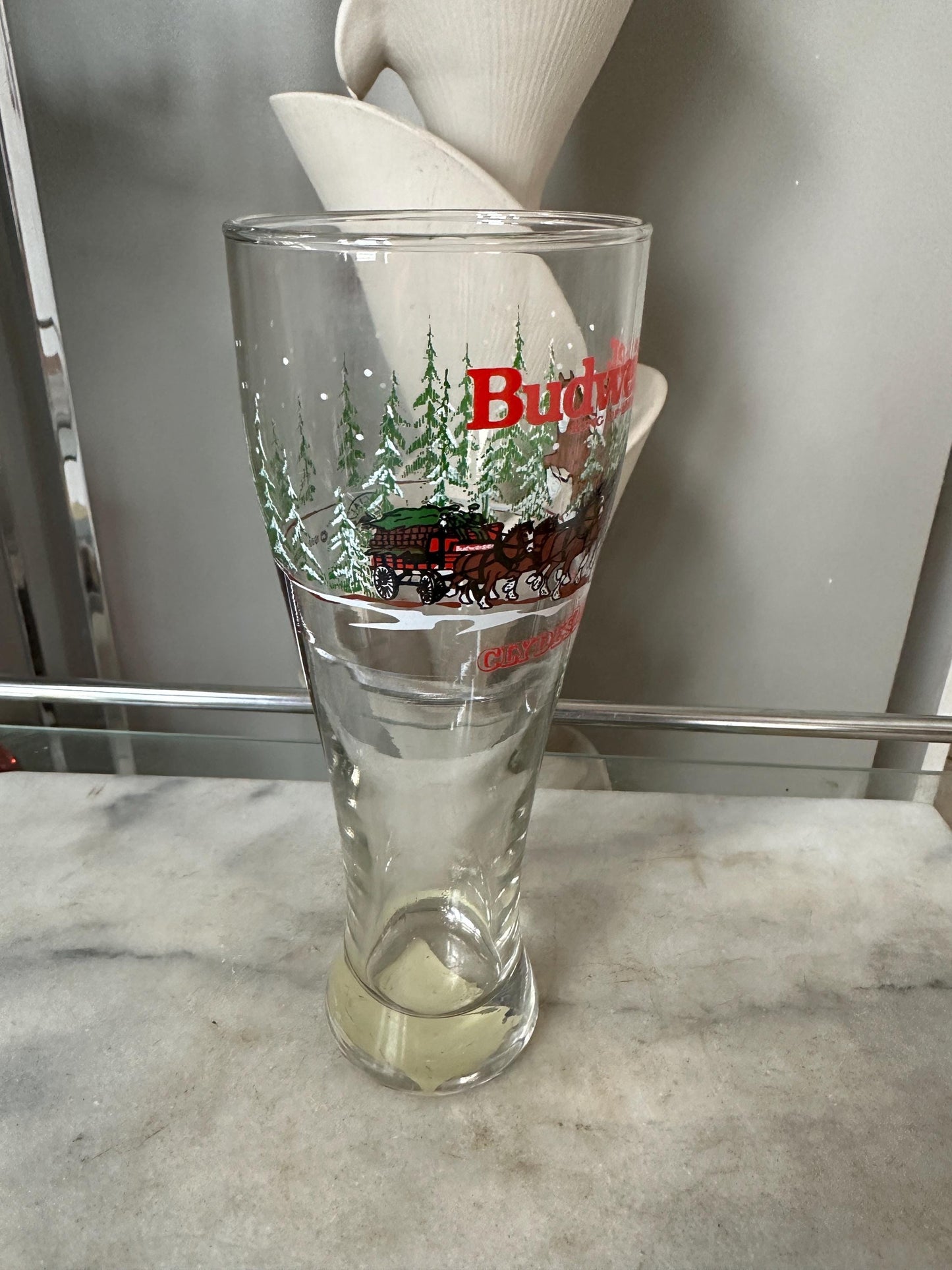 Budweiser Pilsner Fluted Beer Glass Clydesdale Horse Wagon Vintage 1989 - 20 Oz