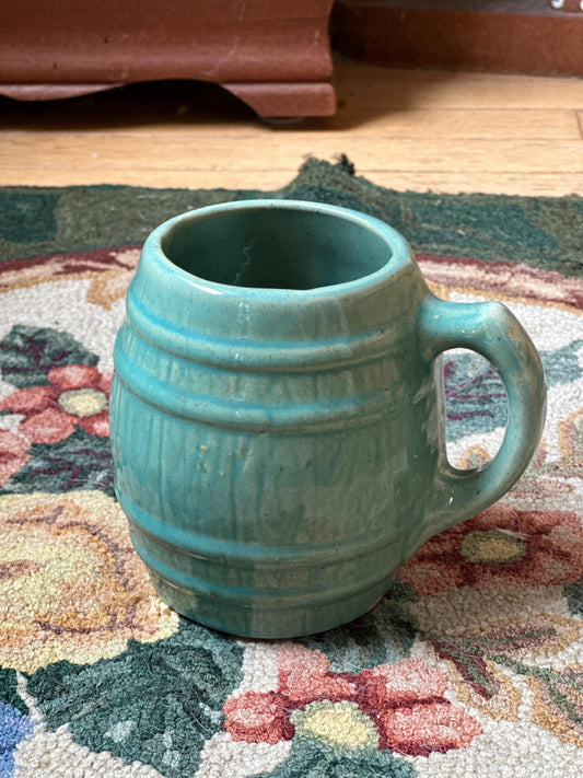 McCoy Pottery Barrel Coffee Mug Green Glaze Marked with a 4 in shield on bottom