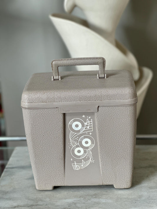Vintage Grey Pebbled Plastic 45 RPM Record Carrier Box with (50) 45 Records, The Beatles, Little Fichard, Rod Stewart, Genesis + more