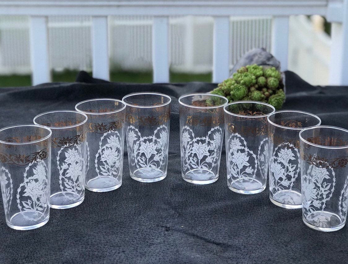 Mid Century Federal Glass Tumbler  and Caddy Set, 8 Collins Glasses with White & Gold Floral Design, All Purpose Glasses, 11 Fluid Ounces