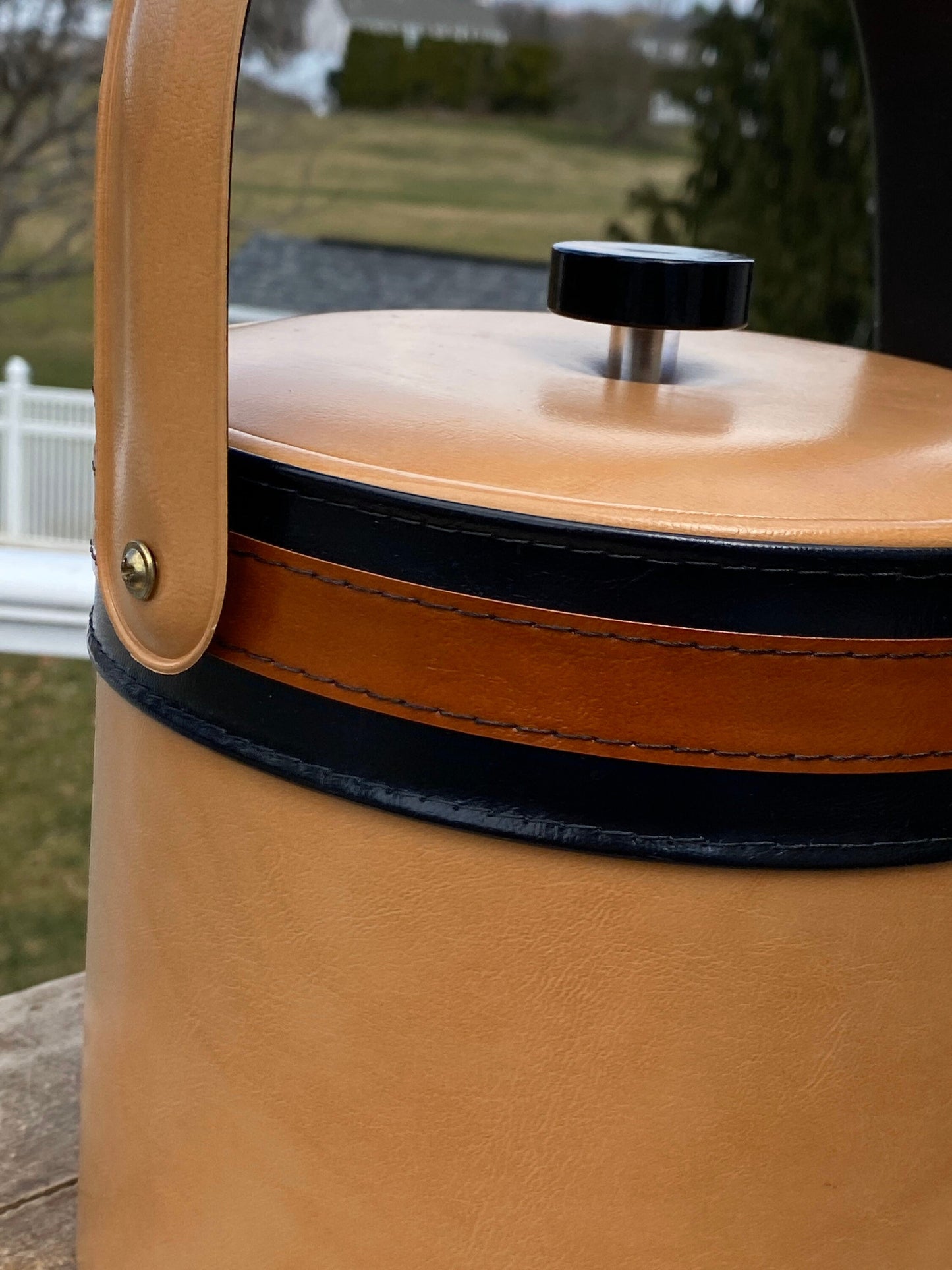 Vintage Striped Faux Leather Georges Briard USA Ice Bucket with Handle | MCM Ice Bucket