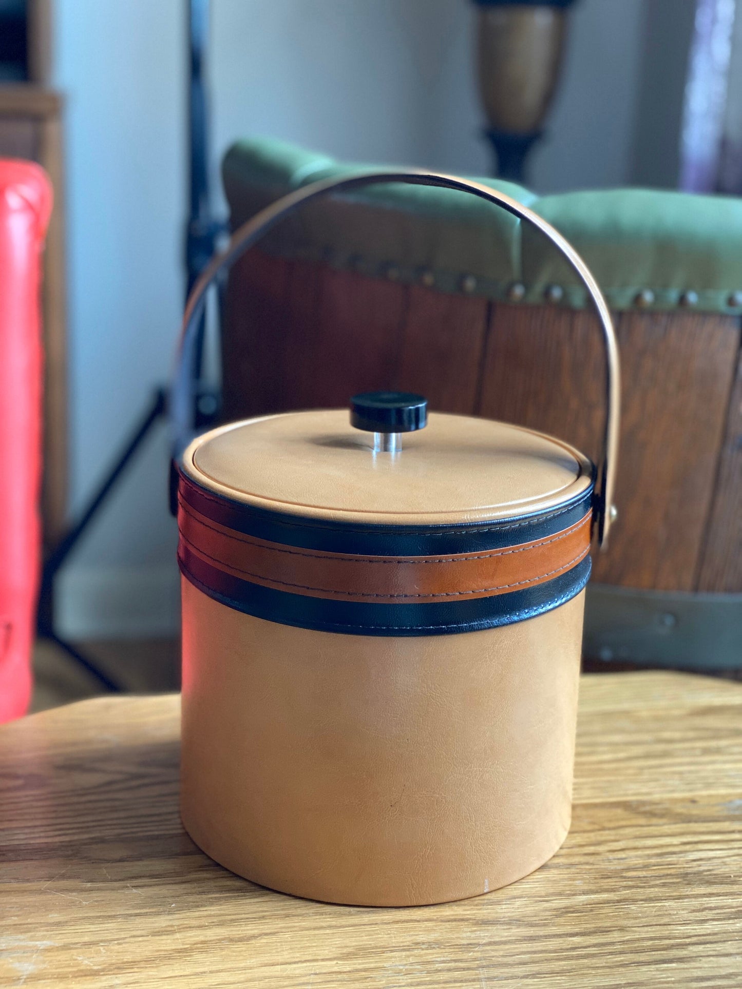 Vintage Striped Faux Leather Georges Briard USA Ice Bucket with Handle | MCM Ice Bucket