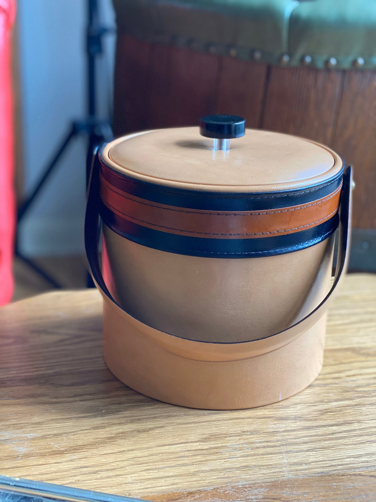 Vintage Striped Faux Leather Georges Briard USA Ice Bucket with Handle | MCM Ice Bucket