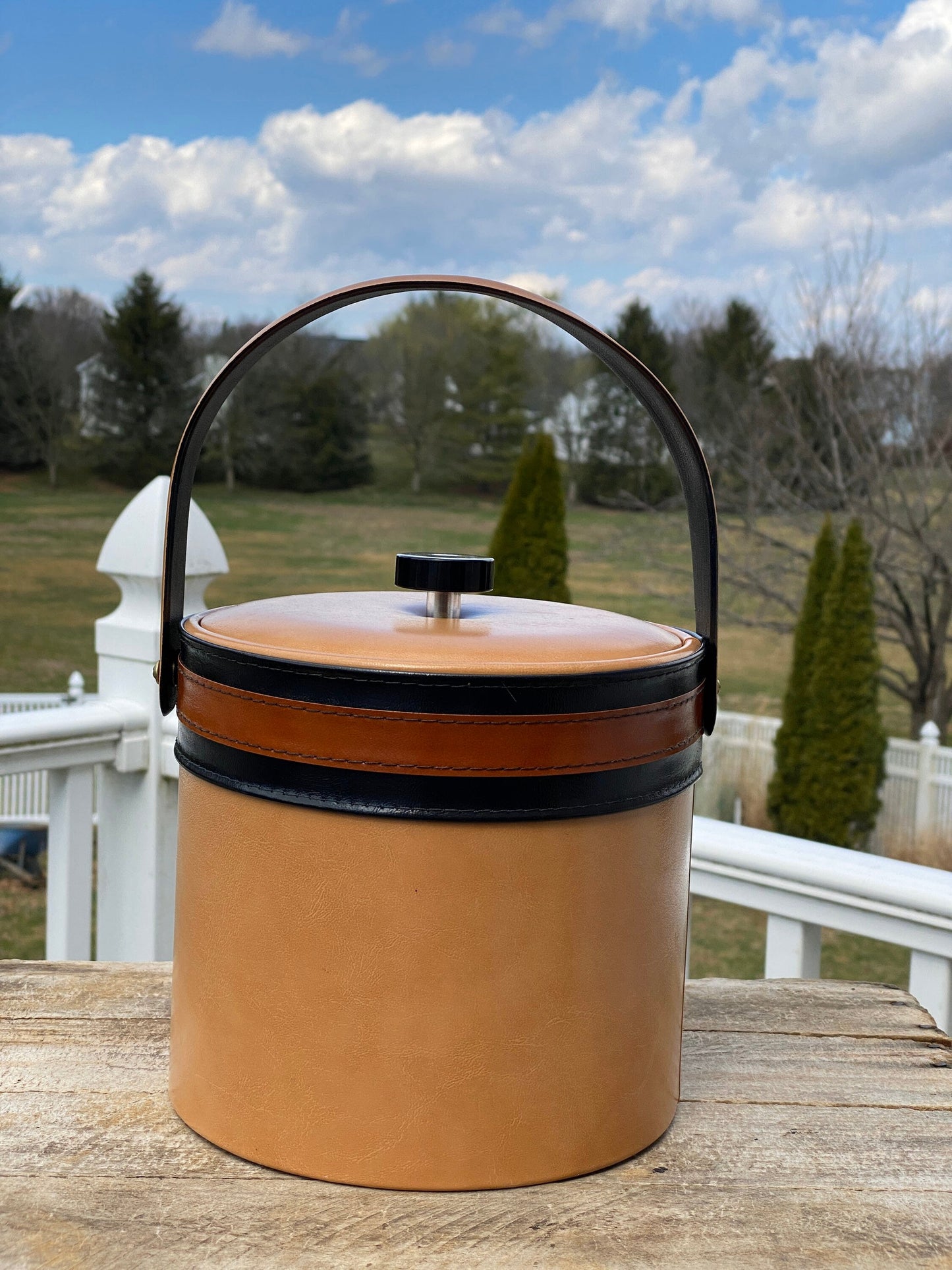 Vintage Striped Faux Leather Georges Briard USA Ice Bucket with Handle | MCM Ice Bucket