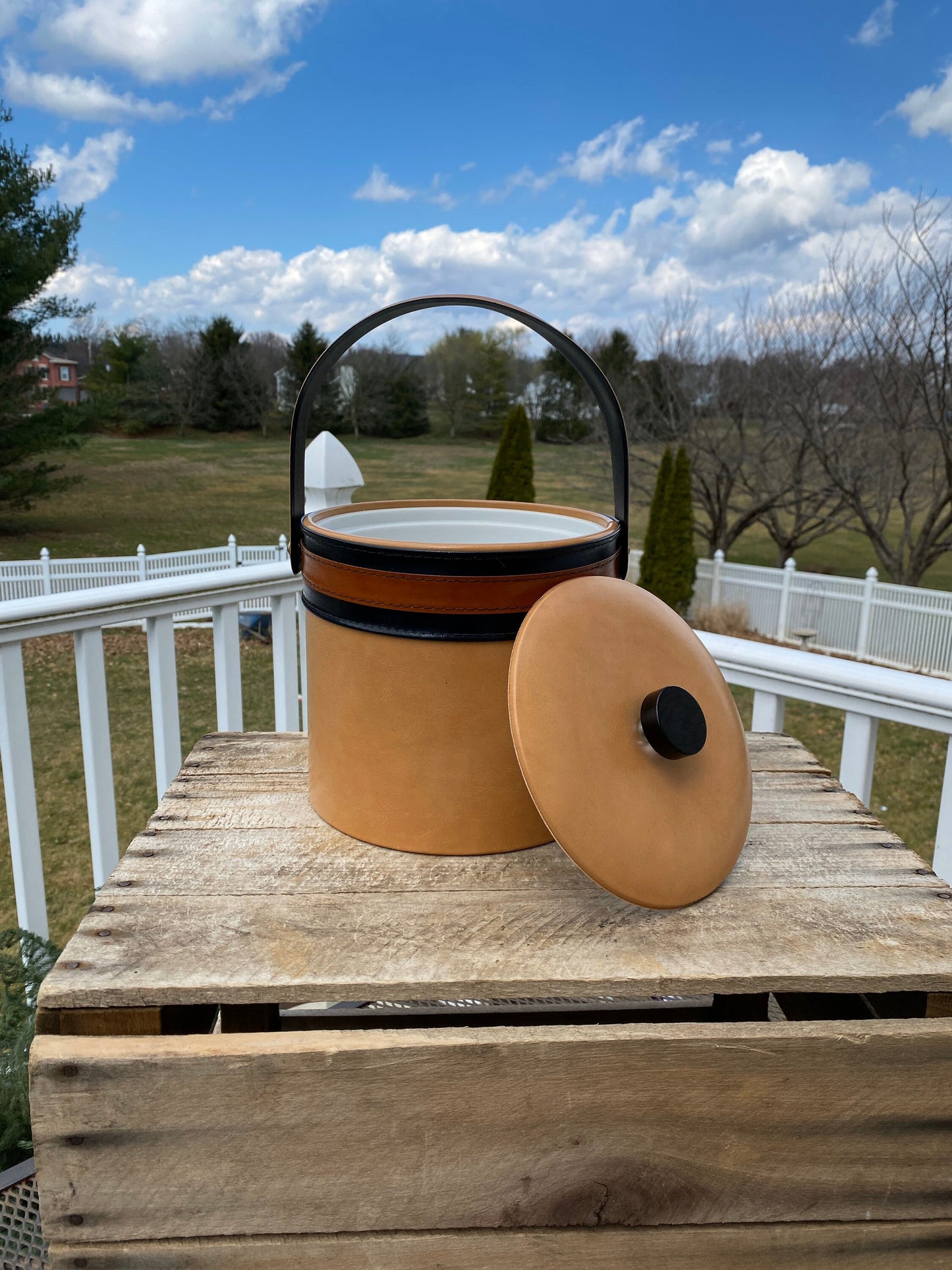 Vintage Striped Faux Leather Georges Briard USA Ice Bucket with Handle | MCM Ice Bucket