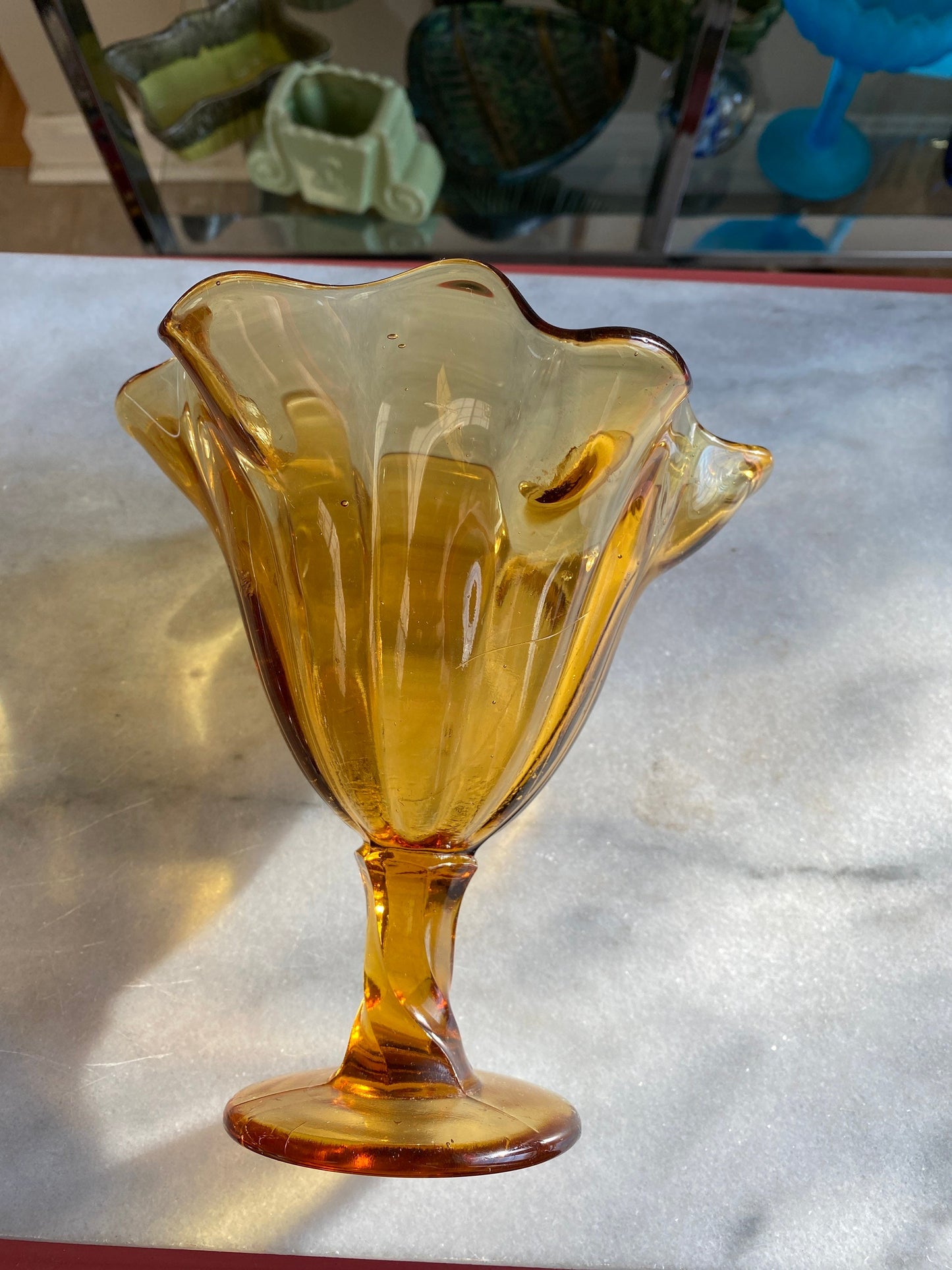 Beautiful Mid century Modern Vintage Amber Art Glass Pedestal Bowl Or Vase Retro Collectible Art Glass ~ Ruffled Edge