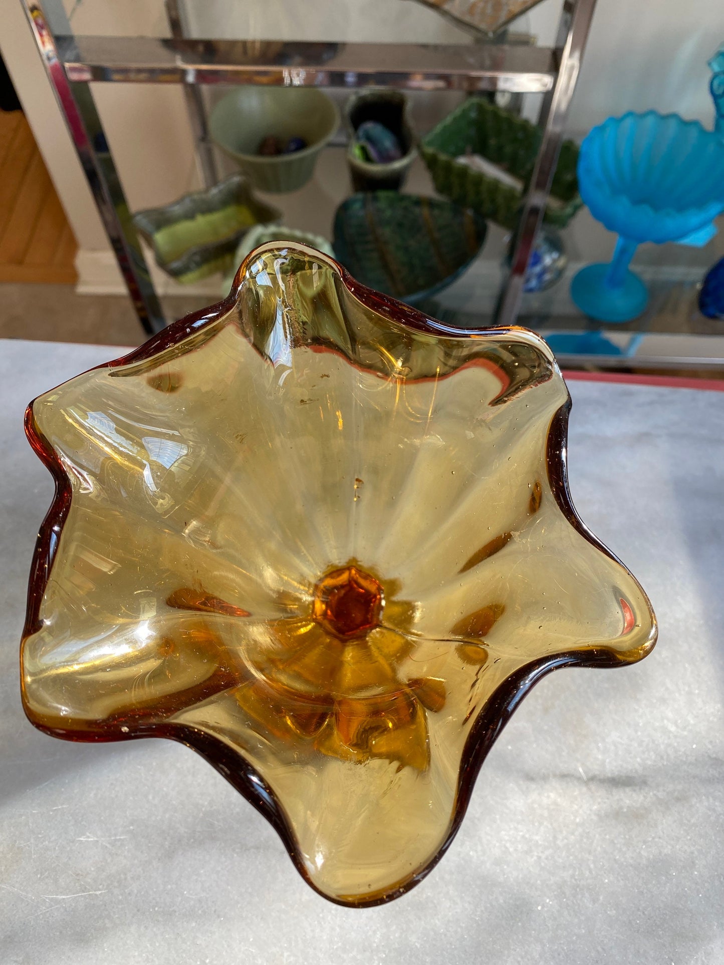 Beautiful Mid century Modern Vintage Amber Art Glass Pedestal Bowl Or Vase Retro Collectible Art Glass ~ Ruffled Edge