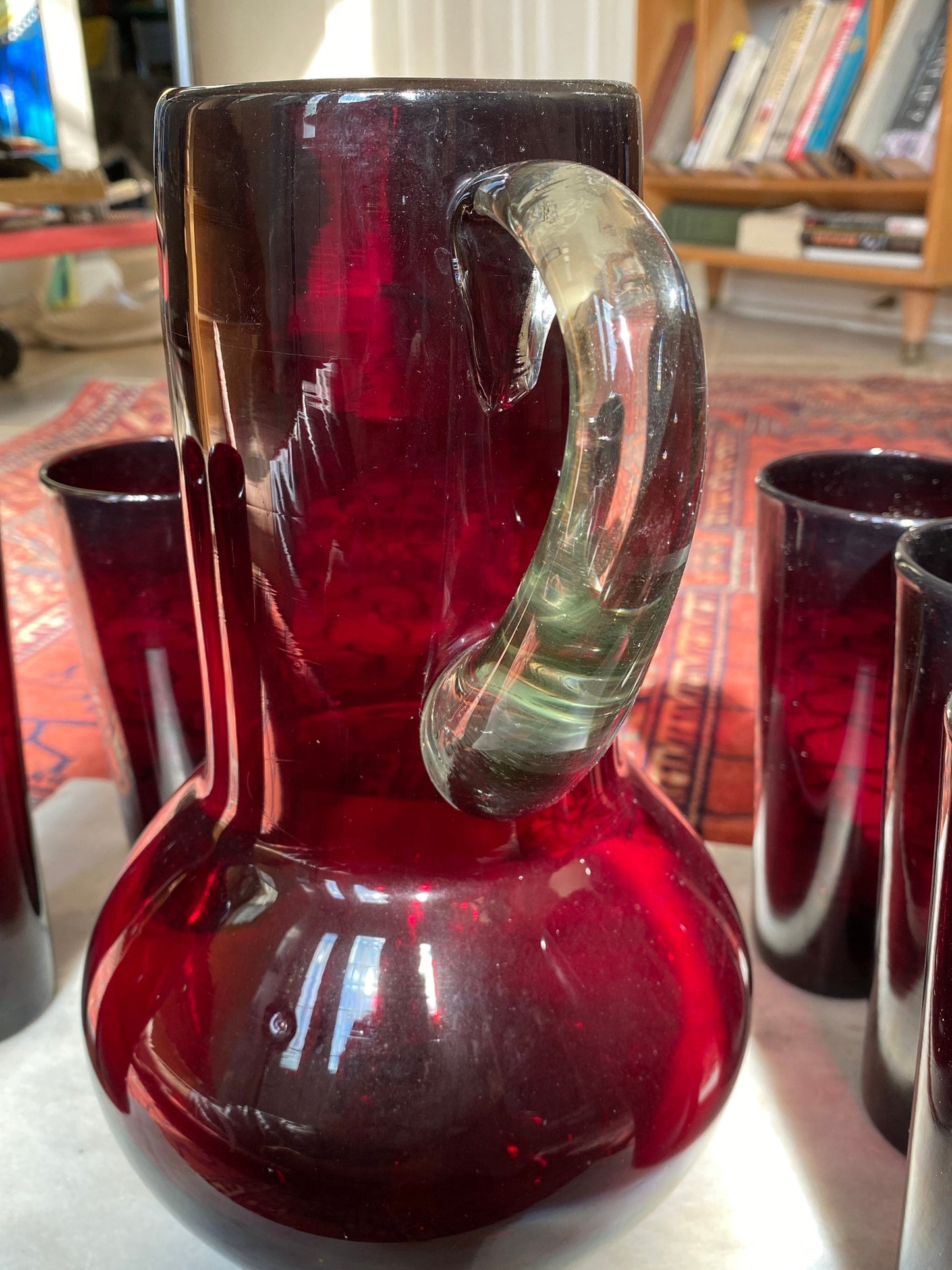 MCM hand Blown Red Glass Pitcher Set and 6 Hand Blown Red Glass Tumblers