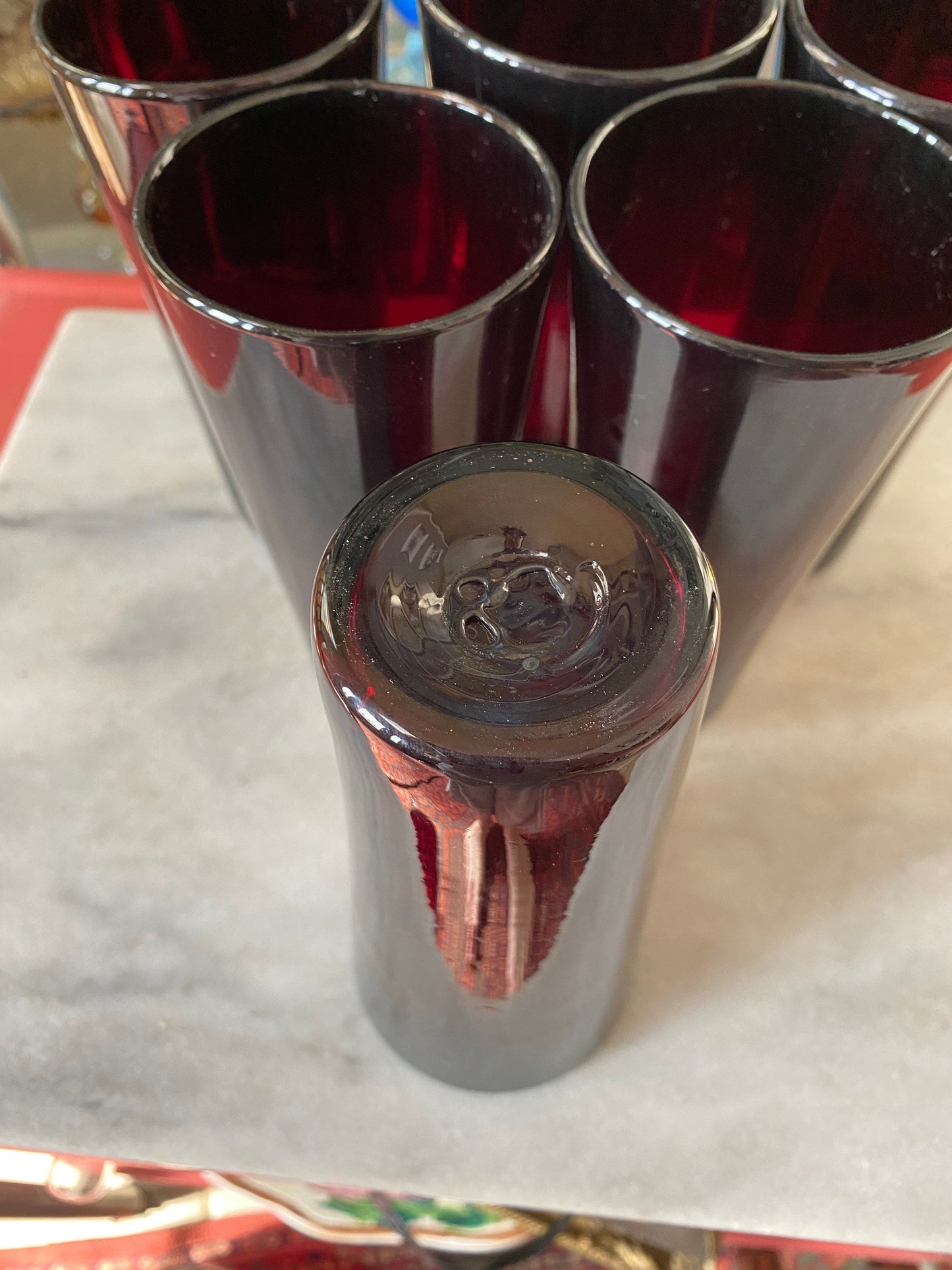 MCM hand Blown Red Glass Pitcher Set and 6 Hand Blown Red Glass Tumblers