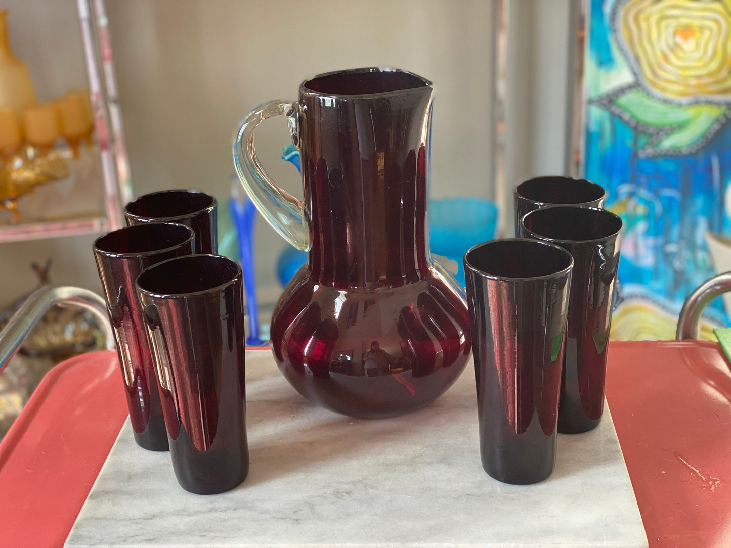 MCM hand Blown Red Glass Pitcher Set and 6 Hand Blown Red Glass Tumblers