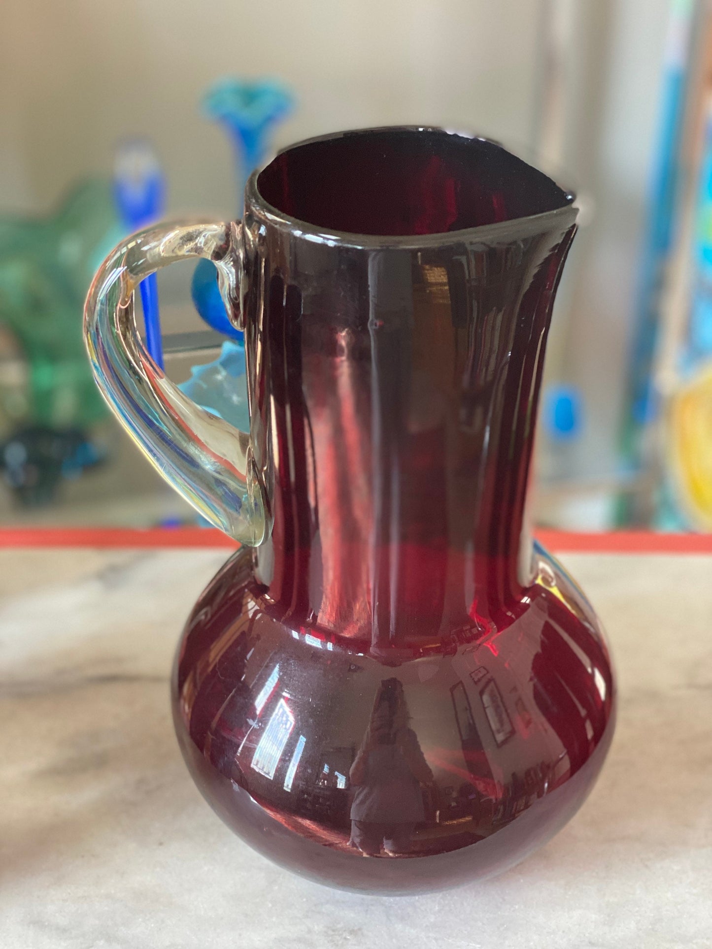 MCM hand Blown Red Glass Pitcher Set and 6 Hand Blown Red Glass Tumblers