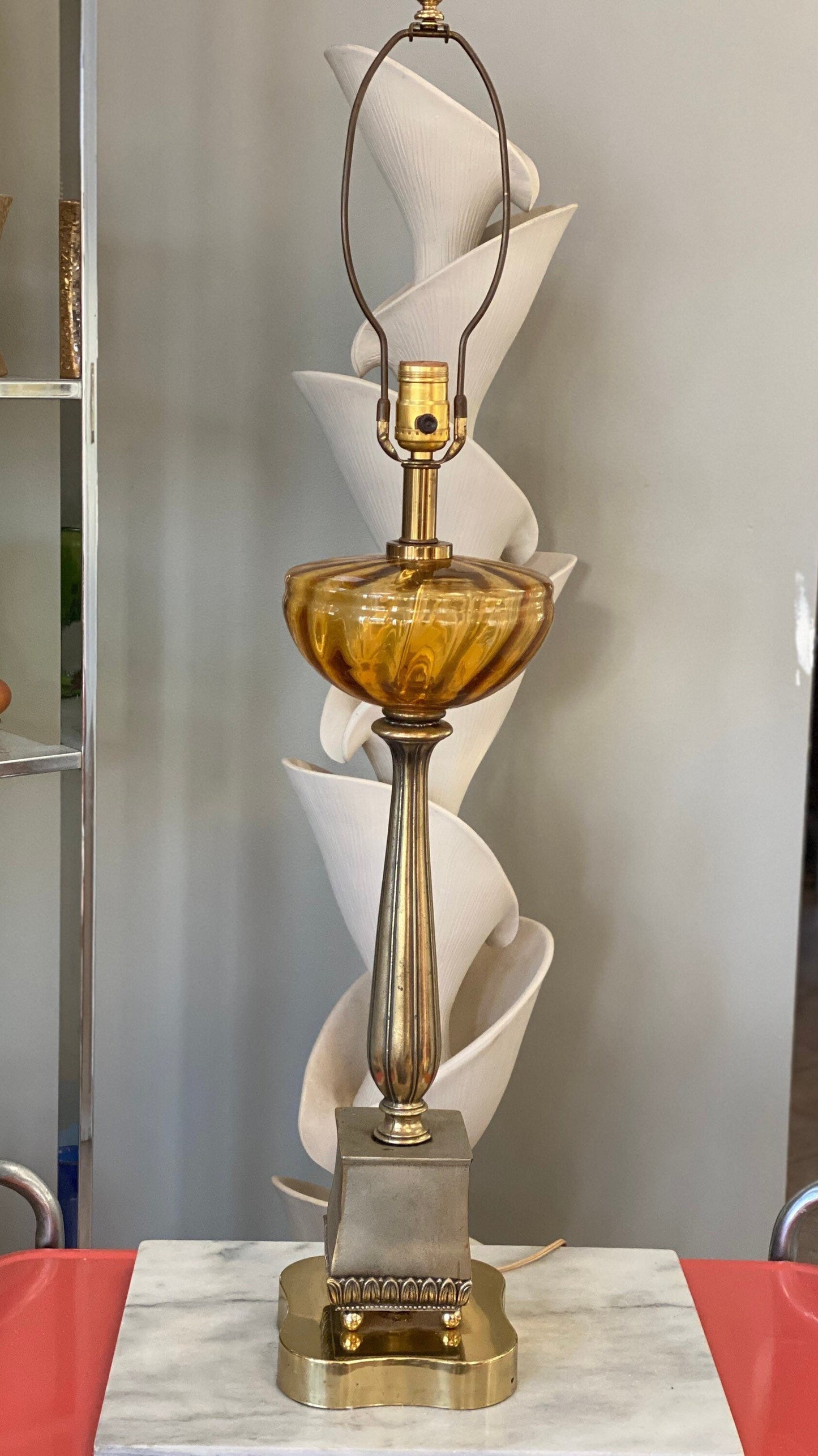 MCM Amber Glass Lamp on Wood, Metal | Blown Glass, Vintage, Optic Glass, Vintage Lighting