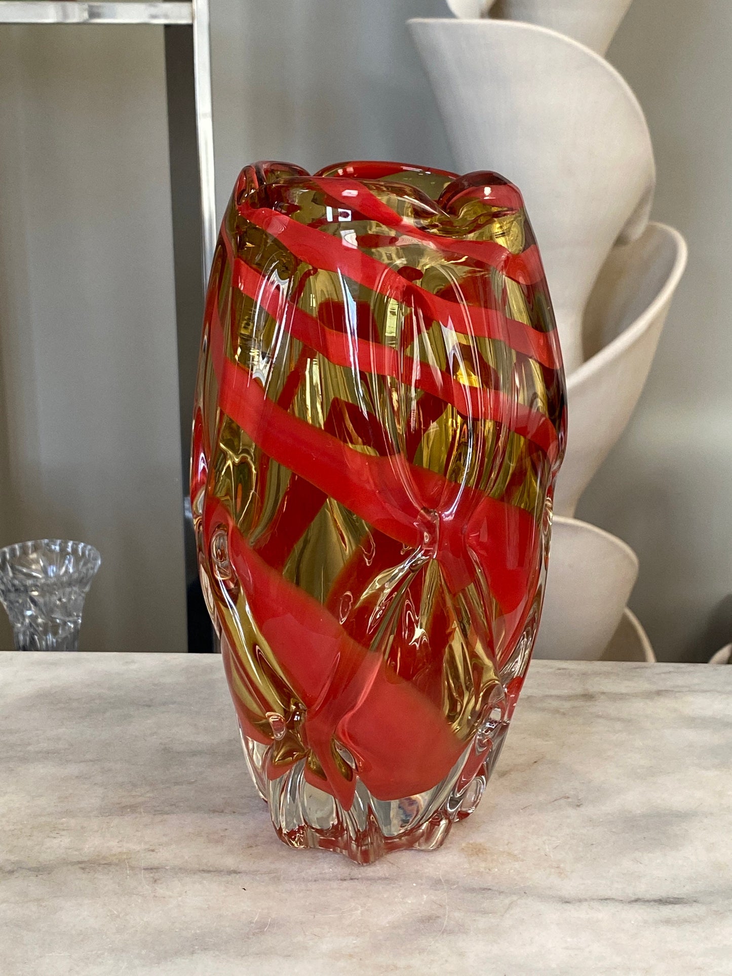 MCM Art Glass vase |  Vintage Japanese Kamei Barley Sugar Osaka Glass Vase | Unsigned Osaka Orange and Amber Art Glass Vase