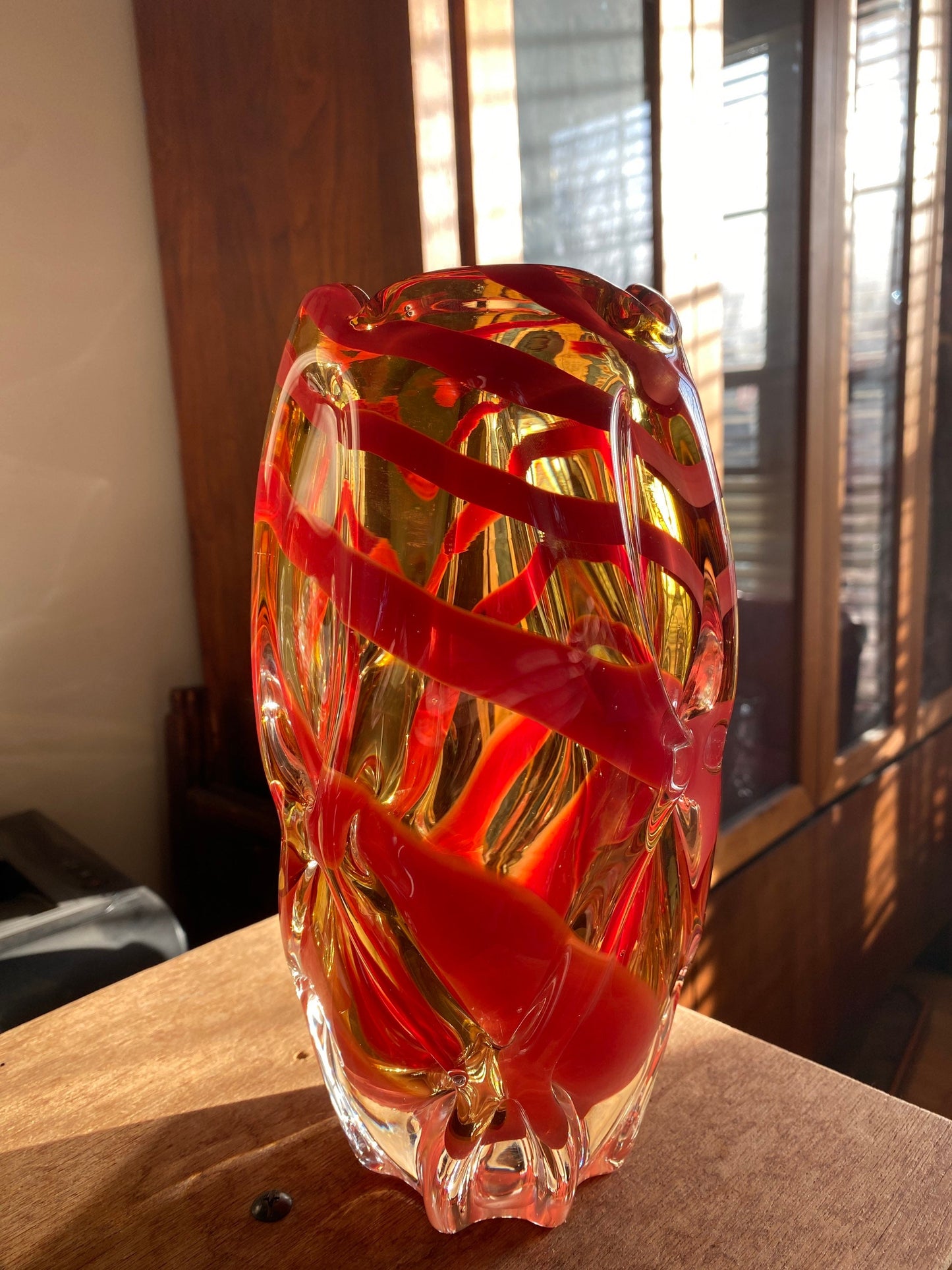 MCM Art Glass vase |  Vintage Japanese Kamei Barley Sugar Osaka Glass Vase | Unsigned Osaka Orange and Amber Art Glass Vase