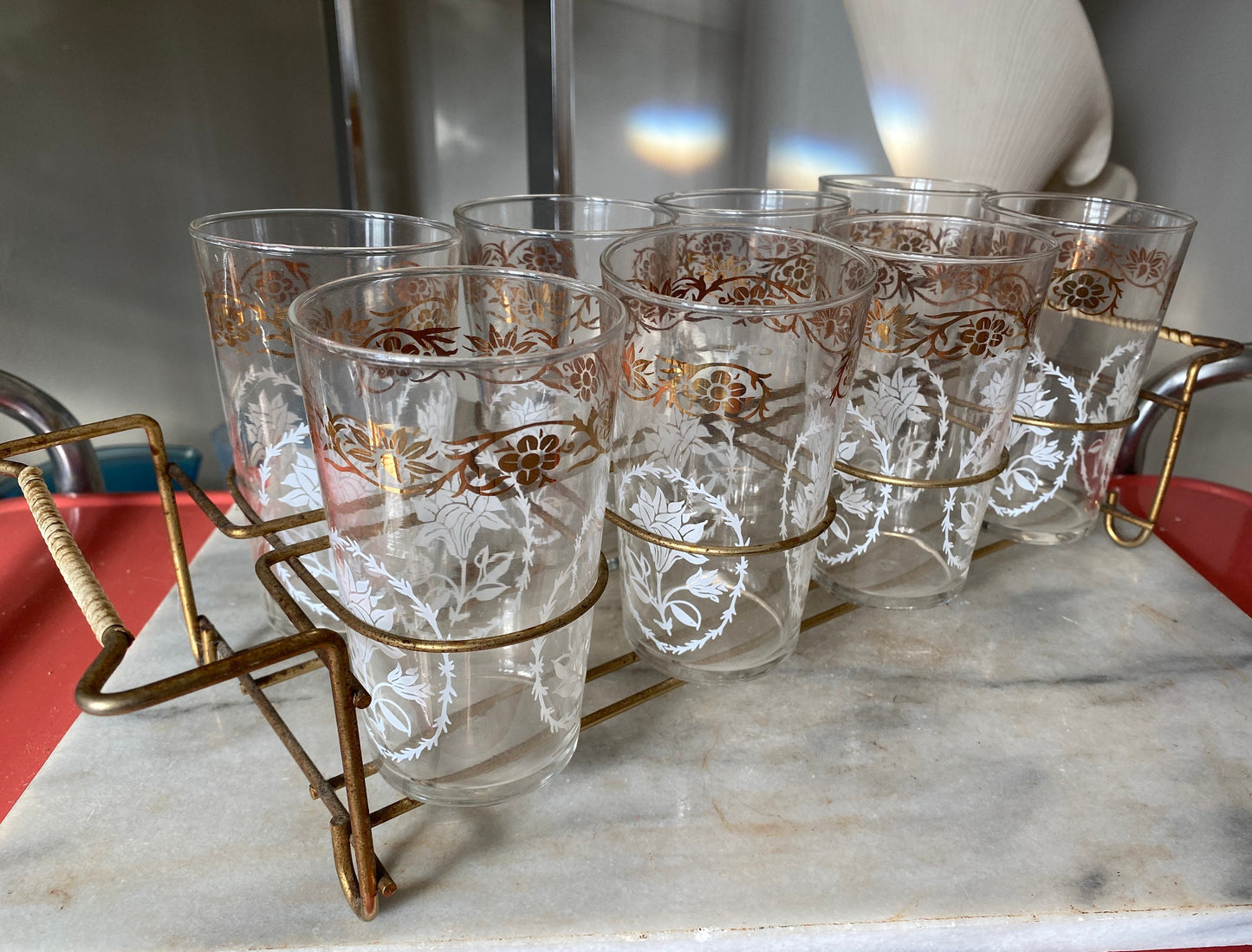 Mid Century Federal Glass Tumbler  and Caddy Set, 8 Collins Glasses with White & Gold Floral Design, All Purpose Glasses, 11 Fluid Ounces