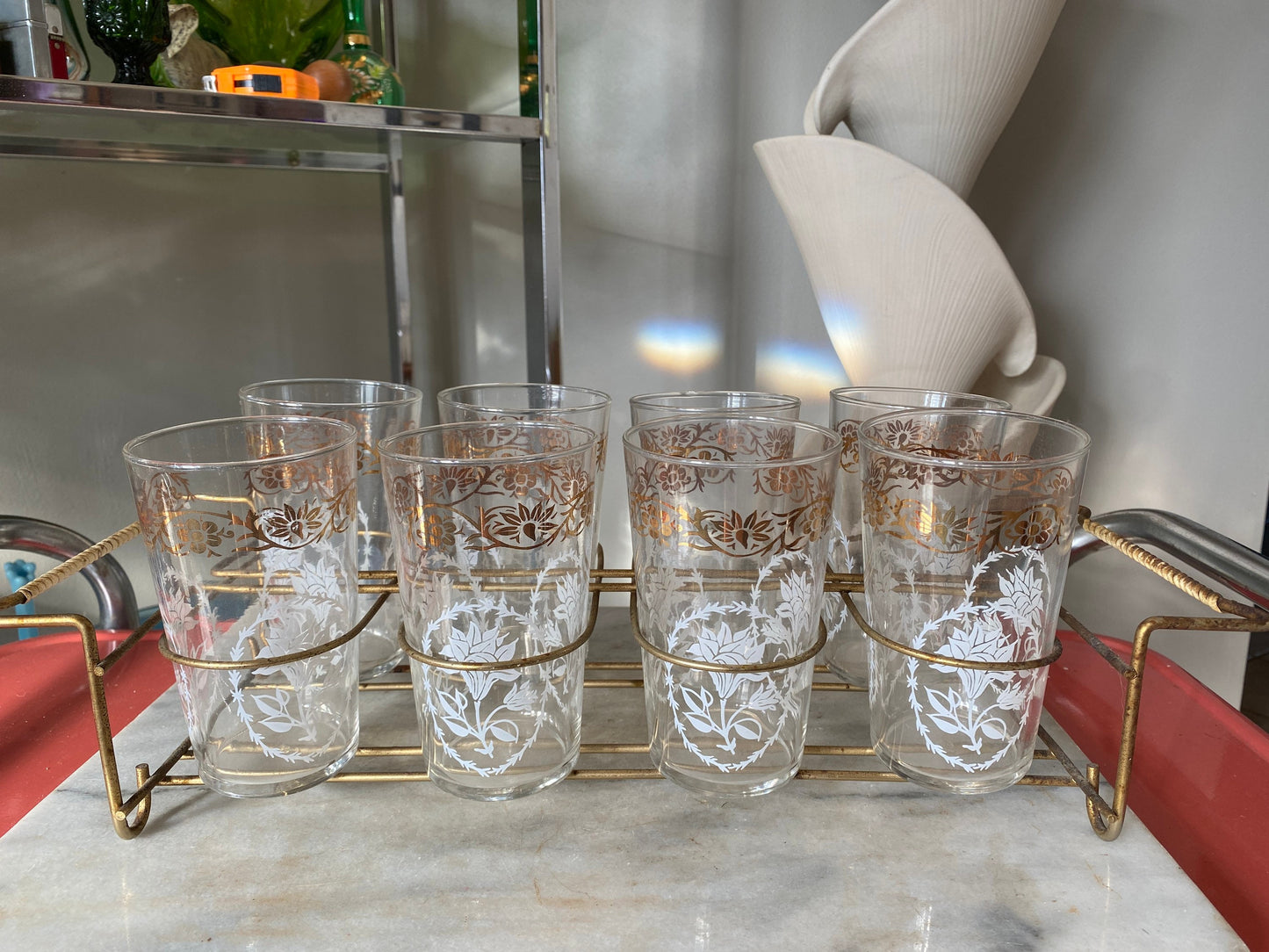 Mid Century Federal Glass Tumbler  and Caddy Set, 8 Collins Glasses with White & Gold Floral Design, All Purpose Glasses, 11 Fluid Ounces