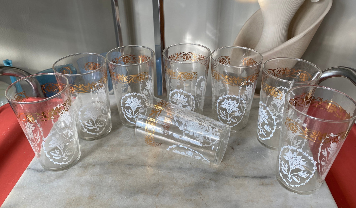 Mid Century Federal Glass Tumbler  and Caddy Set, 8 Collins Glasses with White & Gold Floral Design, All Purpose Glasses, 11 Fluid Ounces