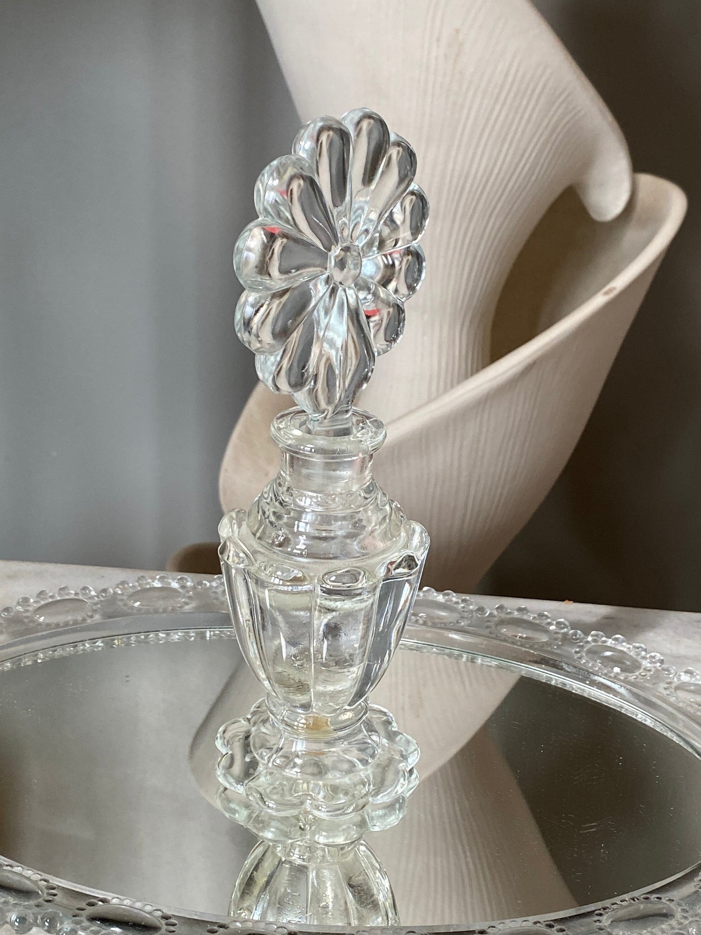 Vintage Perfume Bottle With Elaborate Flower  Stopper Gorgeous Display Exceptional Gift