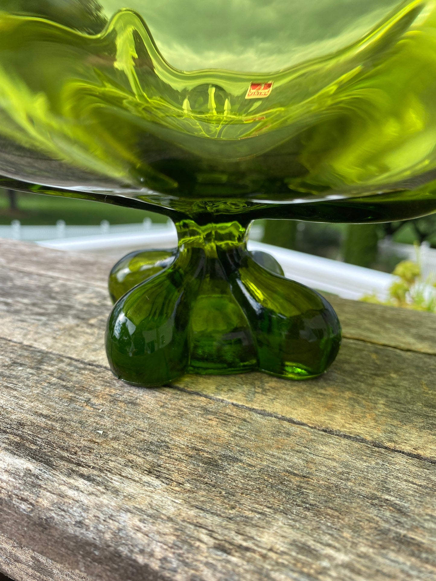 Vintage Viking Glass Co Green Footed Pedistal Centerpiece Compote | Viking “Cat Face” Pedestal Bowl