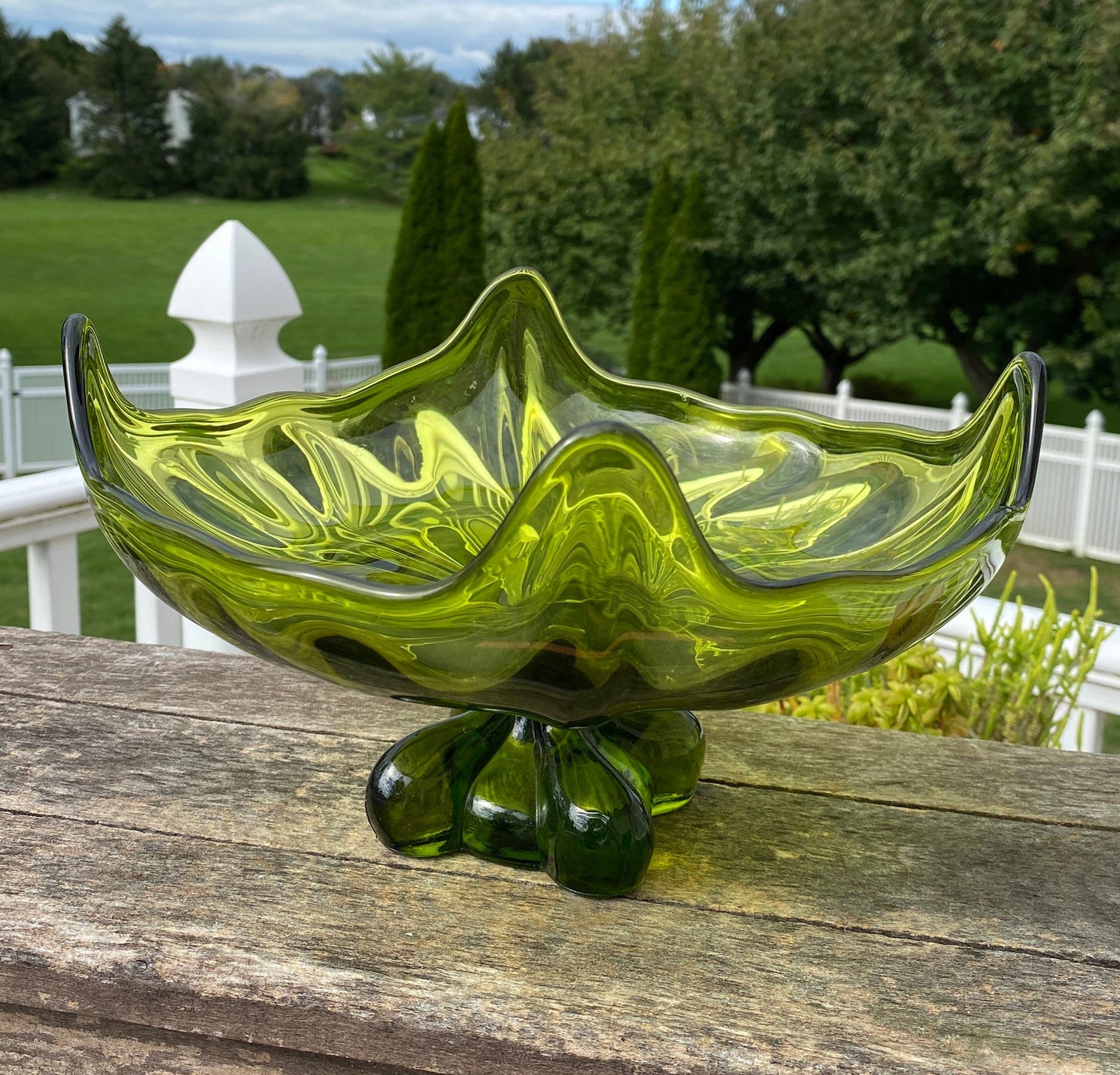 Vintage Viking Glass Co Green Footed Pedistal Centerpiece Compote | Viking “Cat Face” Pedestal Bowl