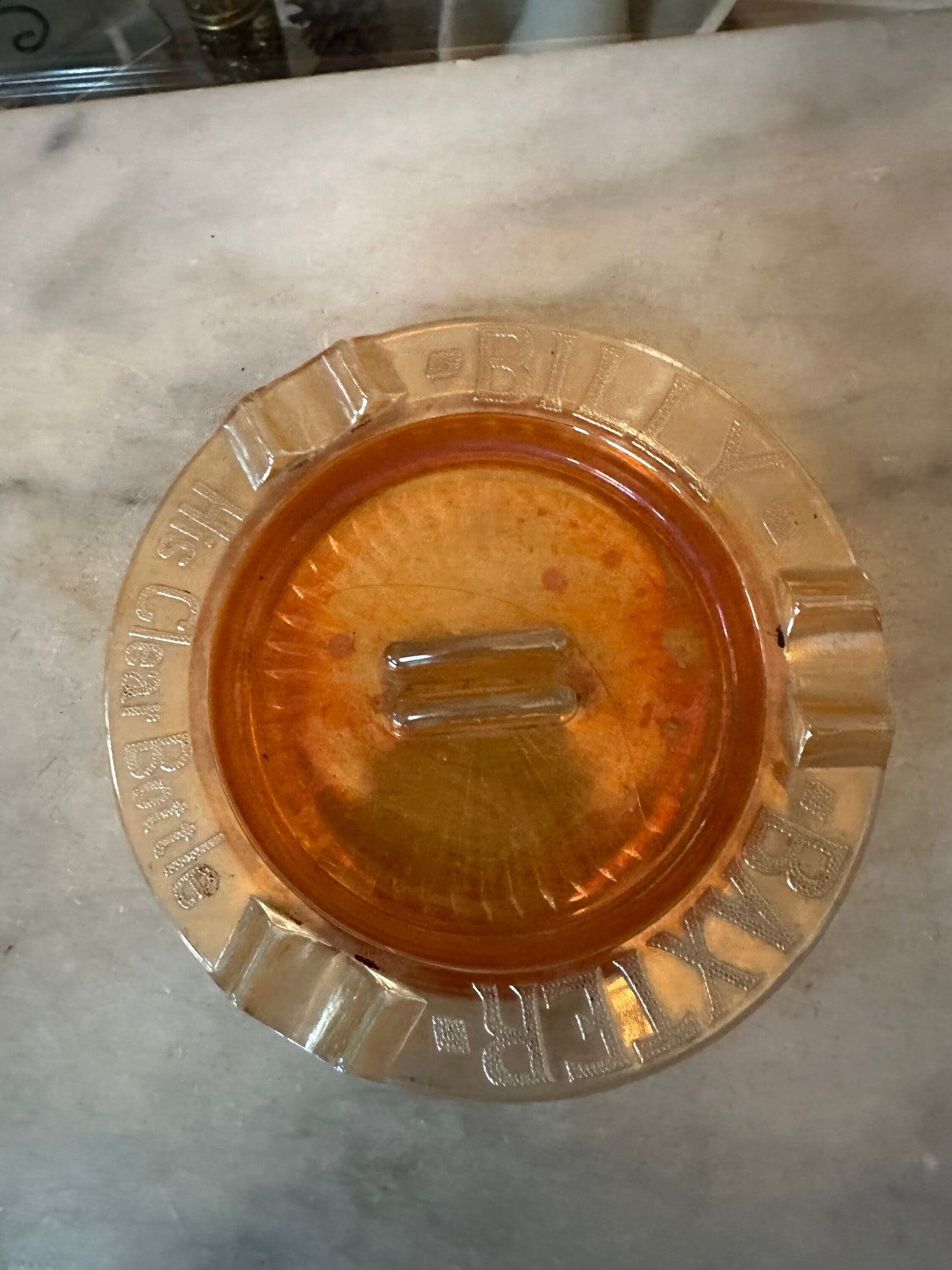 Vintage Marigold Carnival Glass AshTray—Billy Baxter The Clear Boytle advertising | Marigold Carnival Glass |