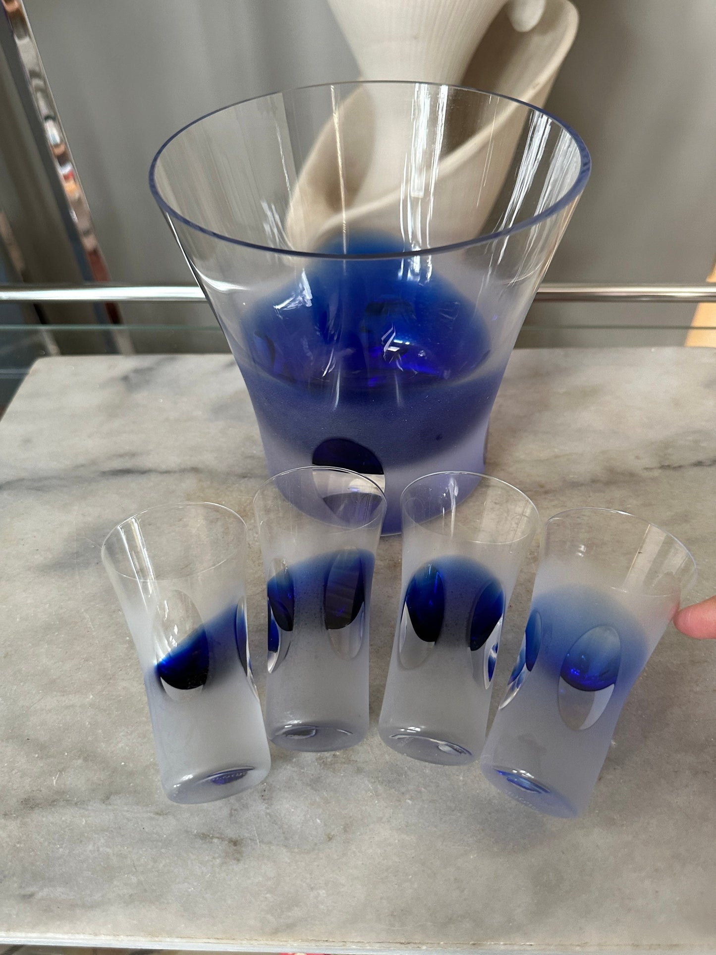 Mid Century Modern Ice Bucket and Vodka /Shot  Glass Set | Frosted Cut To Clear Blue Summerso Style Inside