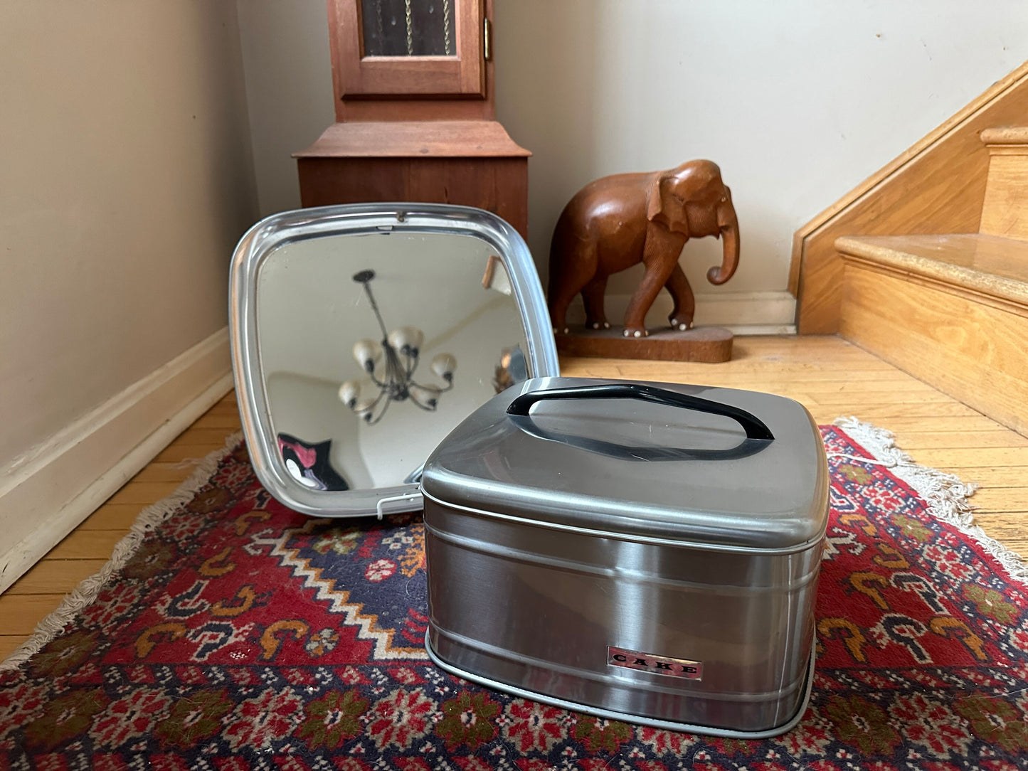 Square Cake Carrier, Vintage 1950s Chrome and Aluminum Cake Holder with Bakelite Handle, Retro Cake Carrier