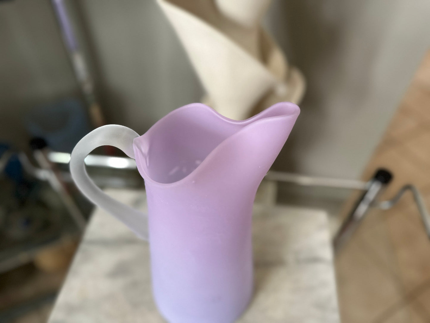 Mid Century Italian Purple Frosted Glass Pitcher Carafe - Mid Century Art Glass Vintage - MCM Mid Mod 19.5”