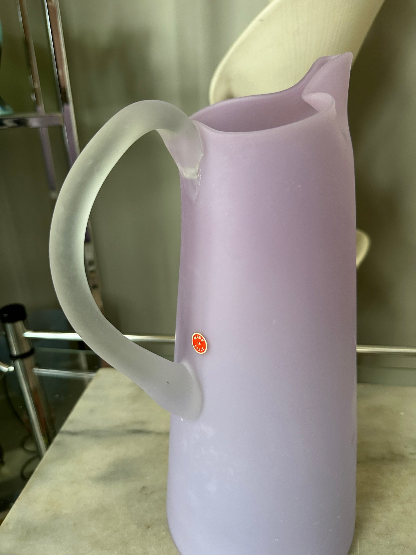 Mid Century Italian Purple Frosted Glass Pitcher Carafe - Mid Century Art Glass Vintage - MCM Mid Mod 19.5”