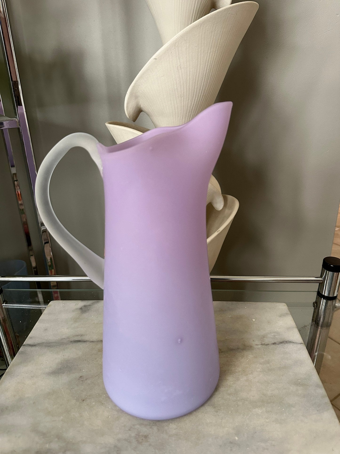 Mid Century Italian Purple Frosted Glass Pitcher Carafe - Mid Century Art Glass Vintage - MCM Mid Mod 19.5”